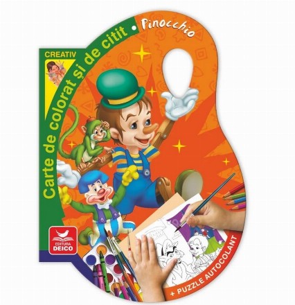 Pinocchio : carte de colorat şi de citit + puzzle autocolant