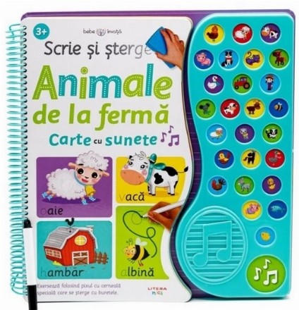 Scrie si sterge. Animale de la ferma. Carte cu sunete