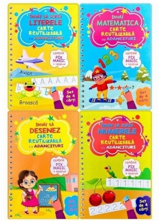 Set 4 carti reutilizabile cu adancituri: 1. Invat sa scriu literele; 2. Invat matematica; 3. Invat sa desenez; 4. Invat sa scriu numerele